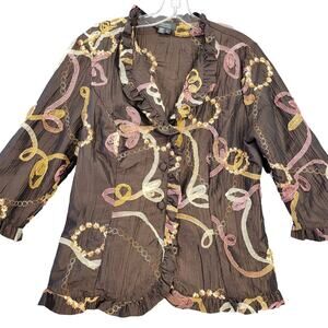 Dressbarn Brown Ribbon Jacket Lightweight Dressy 3/4 Sleeves Button Up Women's L